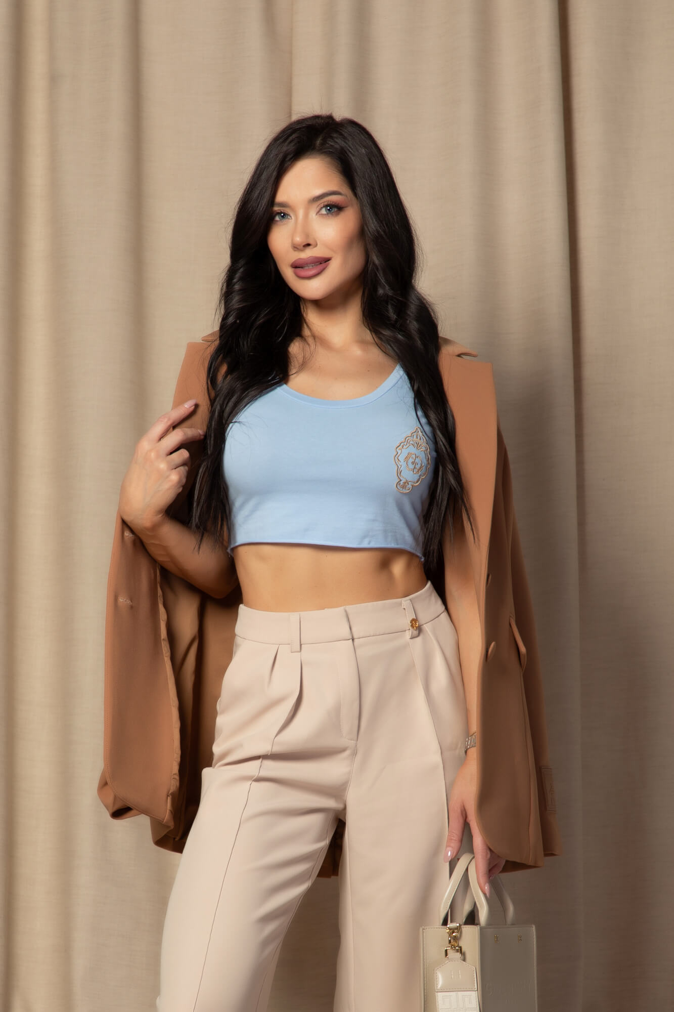 Luxury Classic Къса Блузка От Памук - Light Blue - Изображение 9