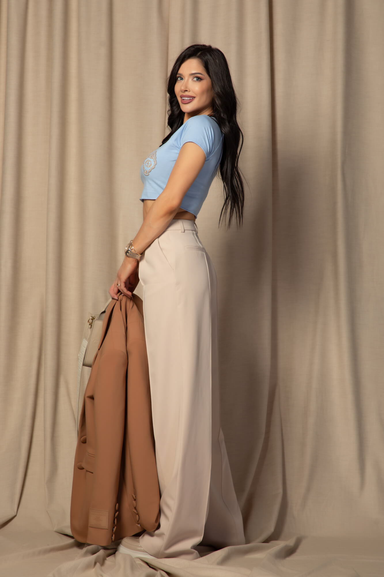 Luxury Classic Къса Блузка От Памук - Light Blue - Изображение 8
