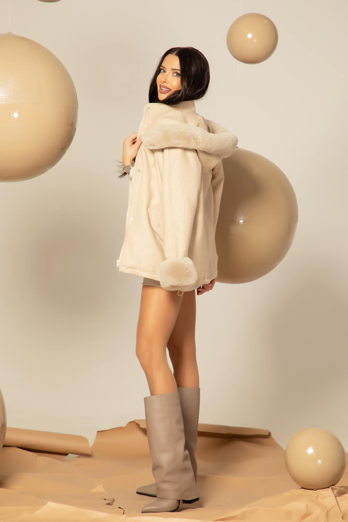 Winter Pulse Зимно Палто - Бомбър От Кашмир - Soft Beige - Изображение 43