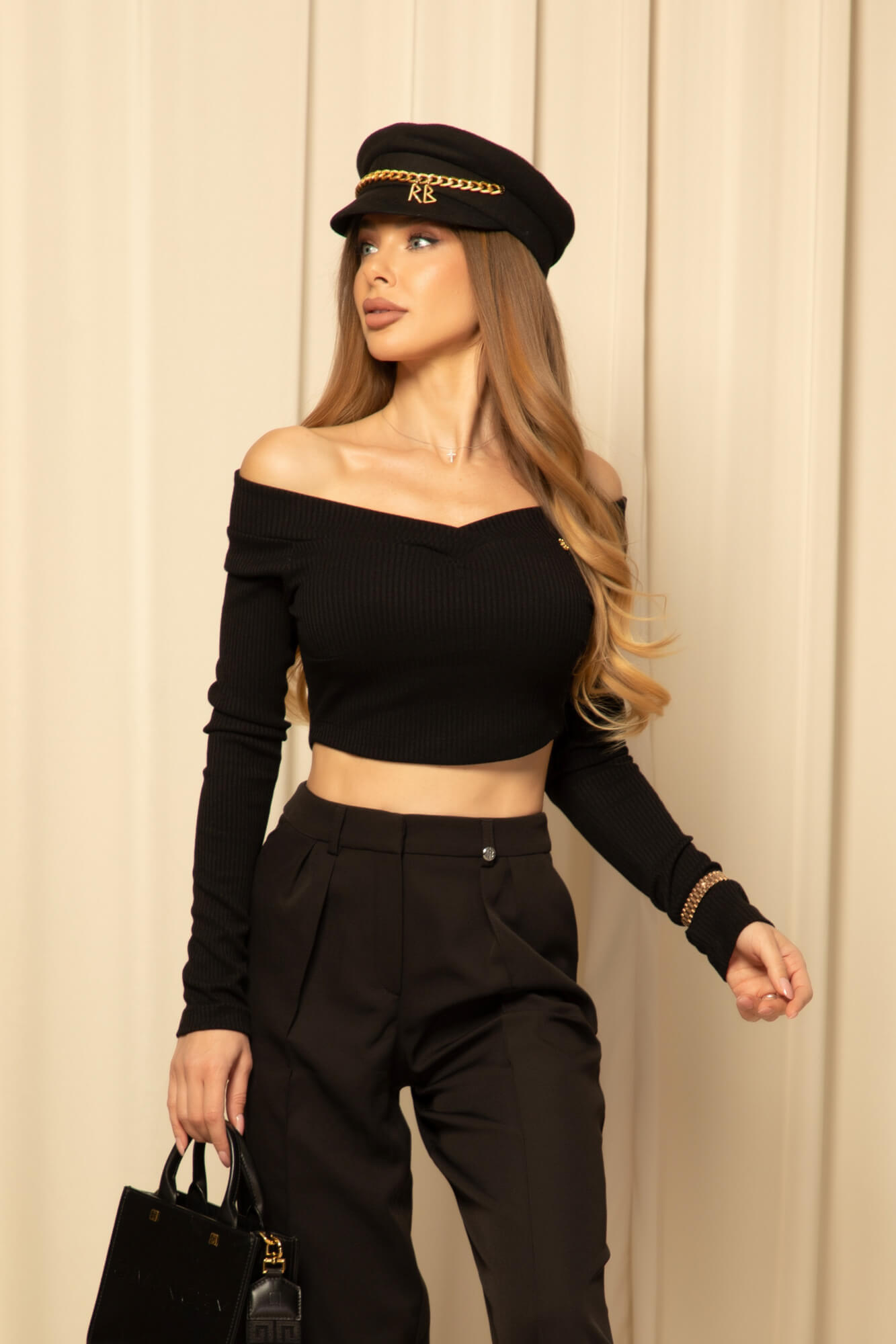 Ribbed Serenity Къса Блуза С Лодка Деколте - Black - Изображение 13