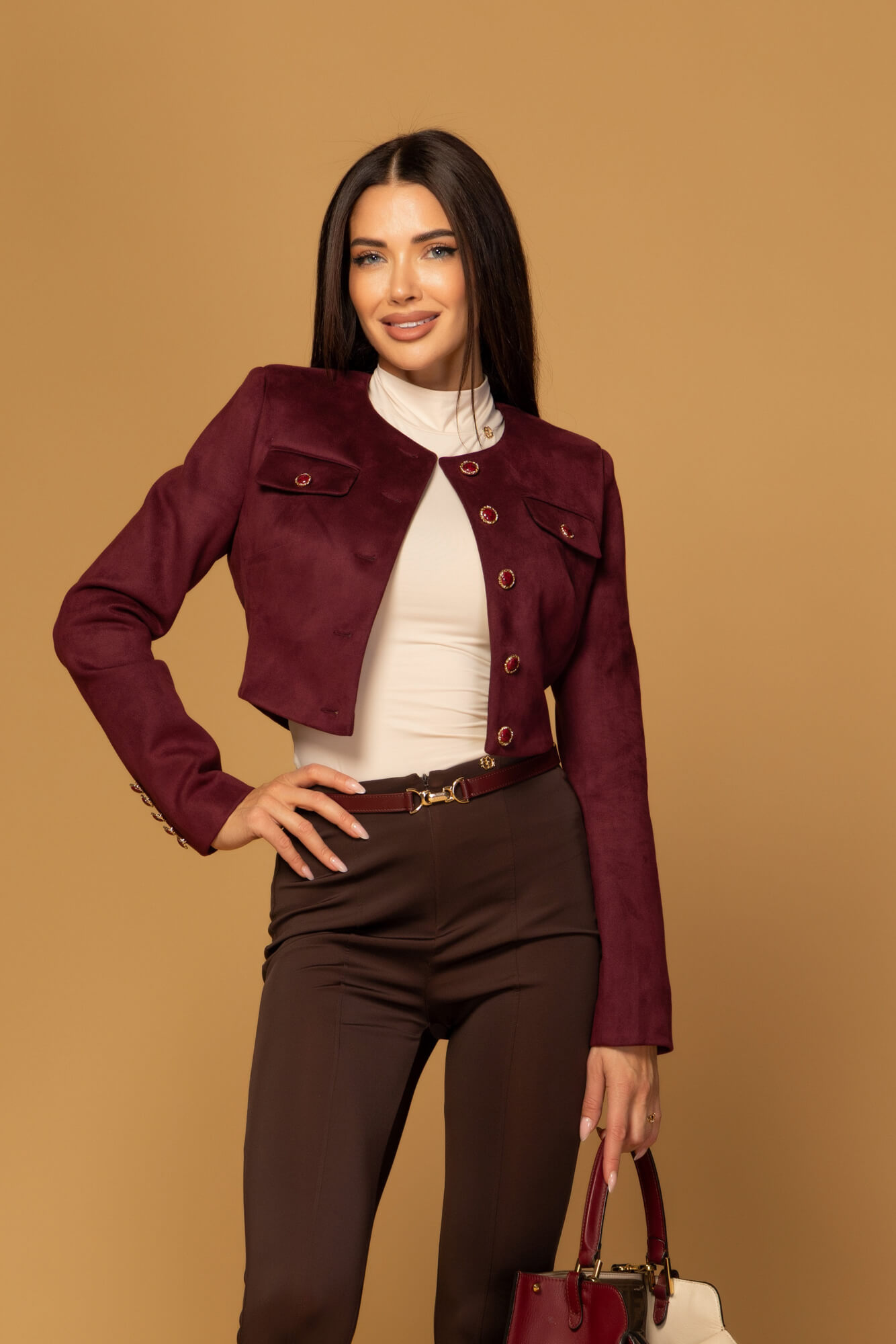 Charming style Къс Блейзър от велур - Burgundy - Изображение 18