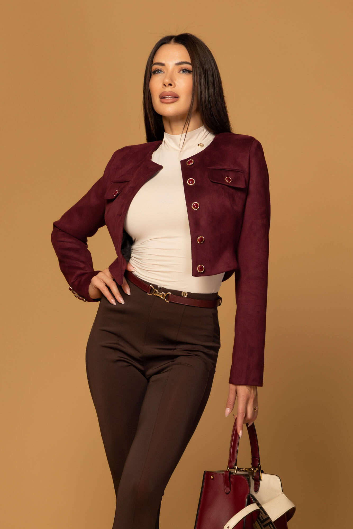 Charming style Къс Блейзър от велур - Burgundy - Изображение 15