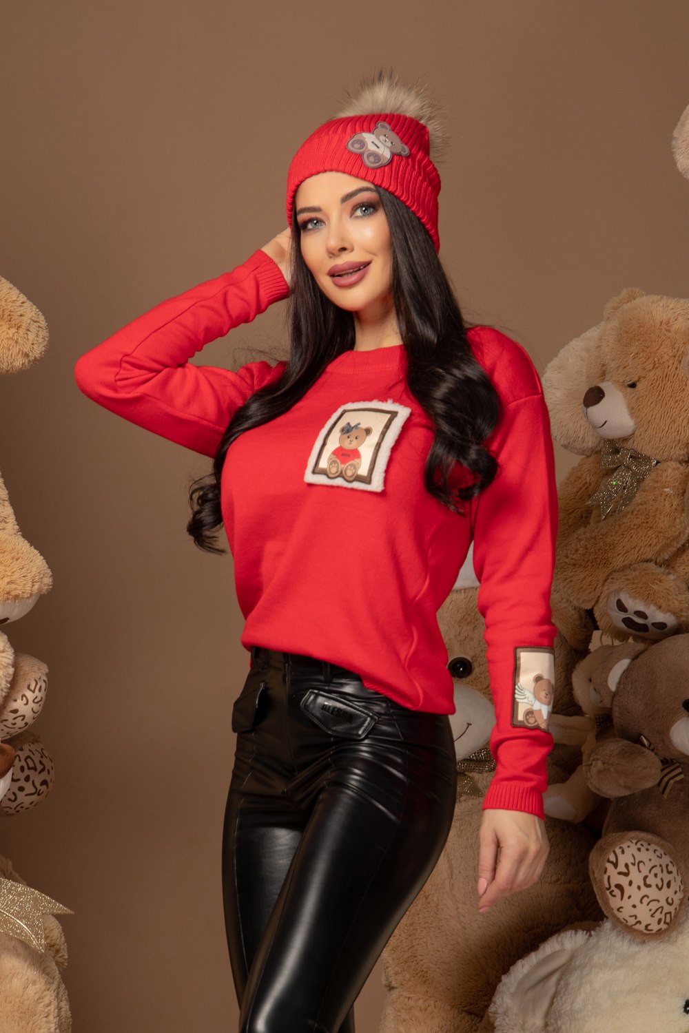 Alessa Bear Шапка От Плетиво С Естествено Пухче - Red - Изображение 8
