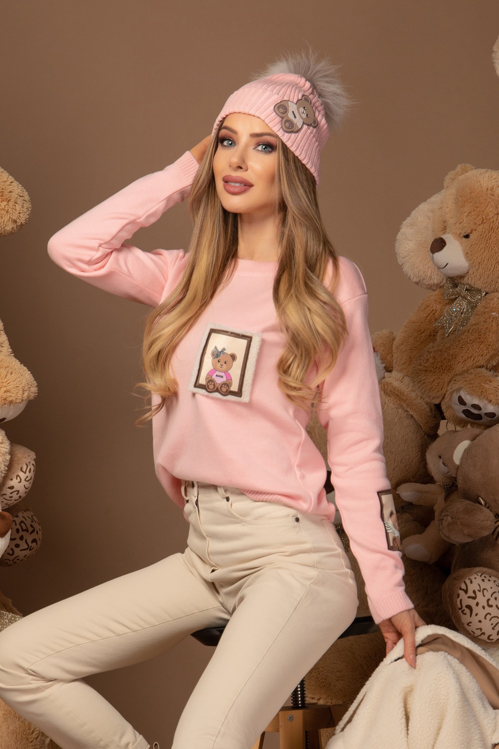 Alessa Bear Шапка От Плетиво С Естествено Пухче - Pink - Изображение 16