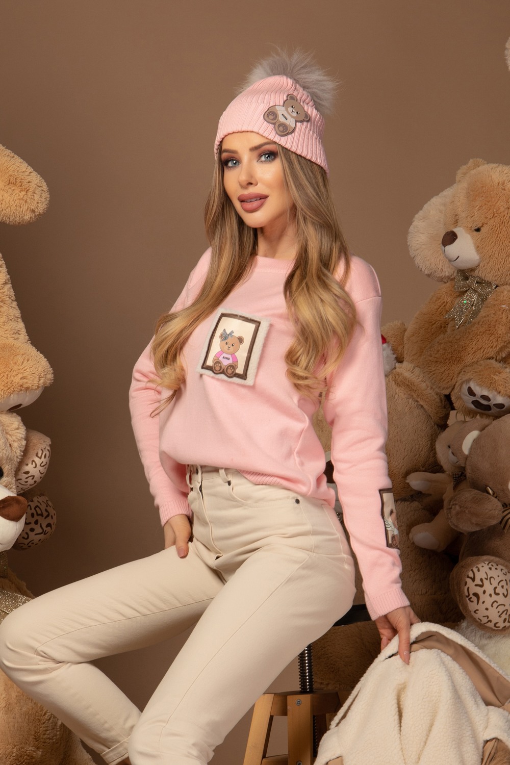 Alessa Bear Шапка От Плетиво С Естествено Пухче - Pink - Изображение 12