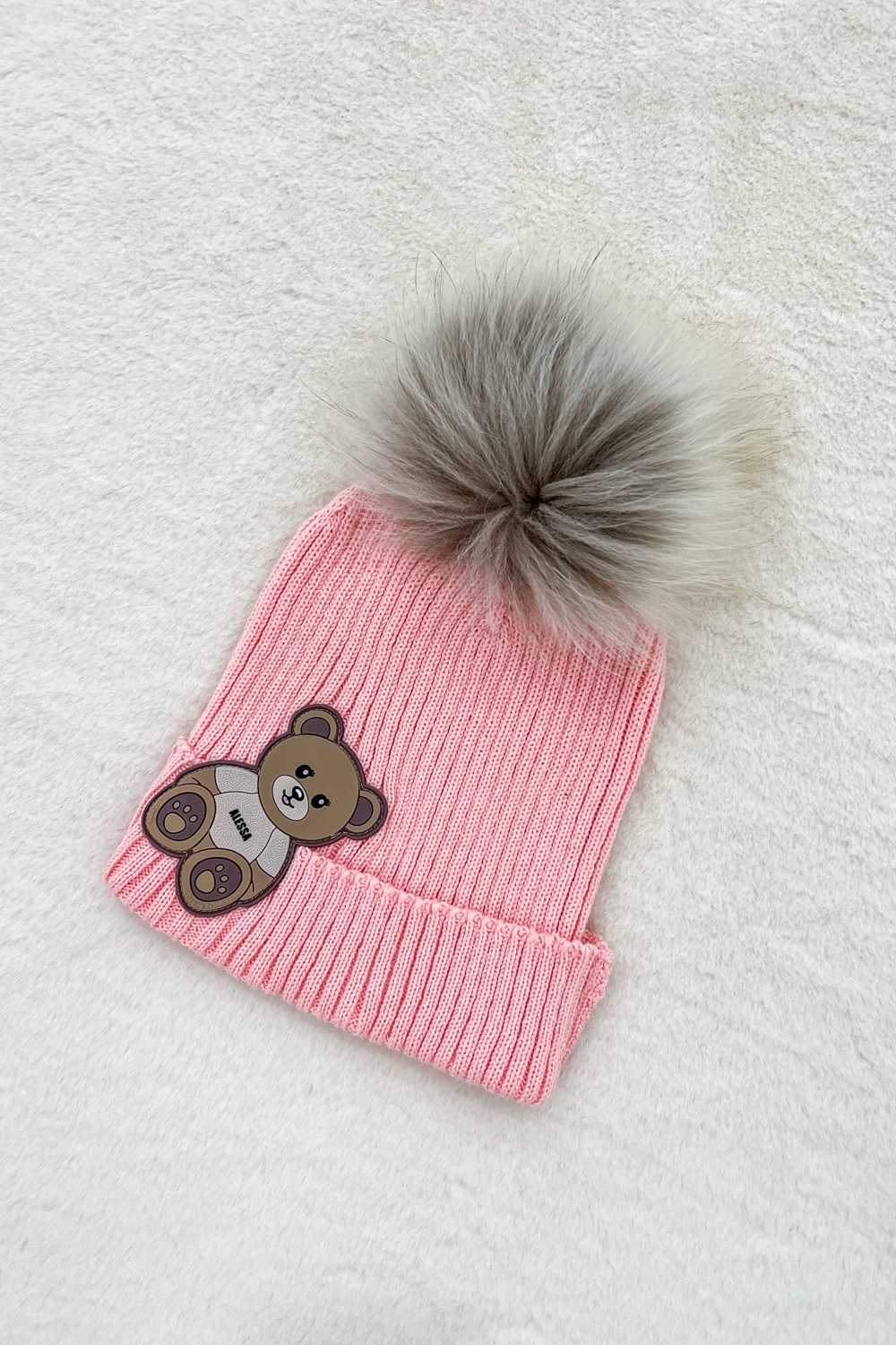 Alessa Bear Mini Шапка От Плетиво С Естествено Пухче - Pink - Изображение 9