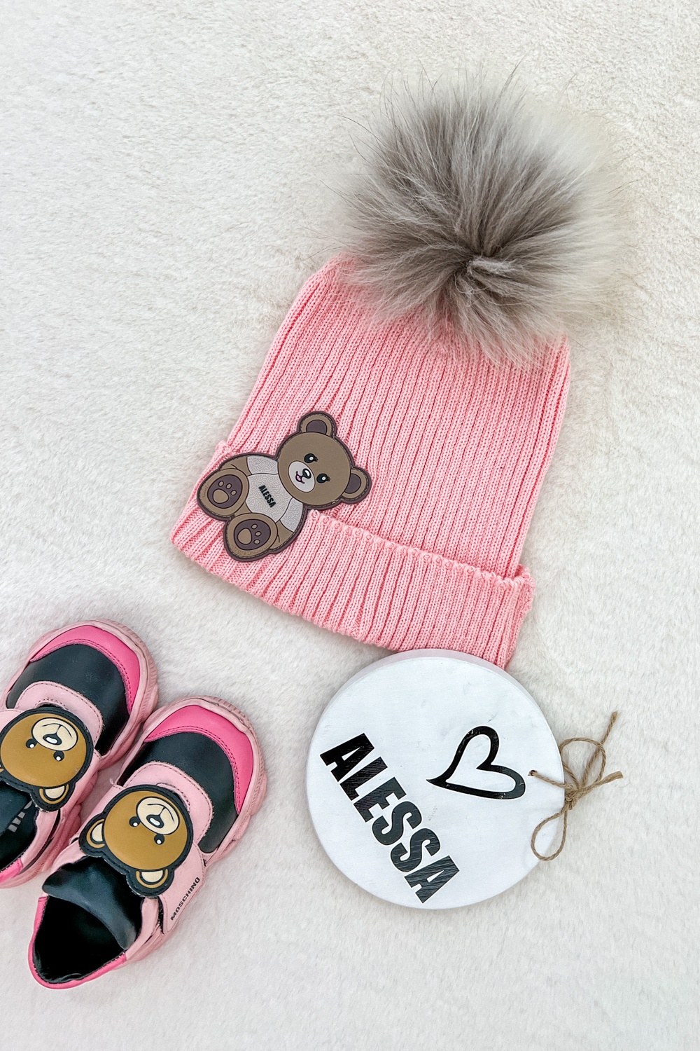 Alessa Bear Mini Шапка От Плетиво С Естествено Пухче - Pink - Изображение 7