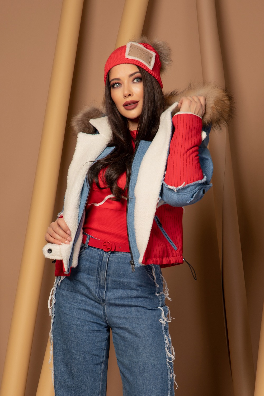 Warm Winter Шапка От Плетиво С Естествено Пухче - Red - Изображение 17