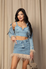 Denim Muse Пола От Деним С Естествени Пера - Изображение 15