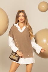 Snug & Chic дълъг Елек От Плетиво - Beige Grey - Изображение 9