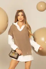 Snug & Chic дълъг Елек От Плетиво - Beige Grey - Изображение 9