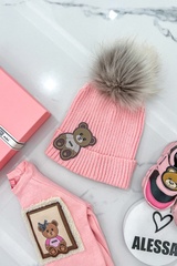 Alessa Bear Mini Шапка От Плетиво С Естествено Пухче - Pink - Изображение 5