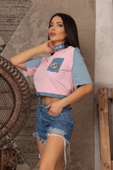 Кроп-топ t-shirt с деним - Pink - Изображение 7